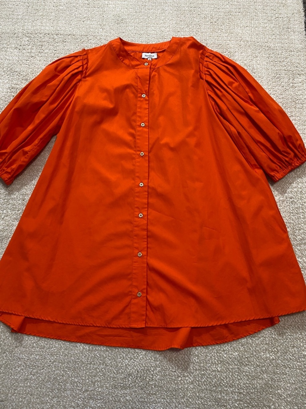 Button-Front Puff-Sleeve Mini Dress in Bold Orange Size 38 - Picture 7 of 16